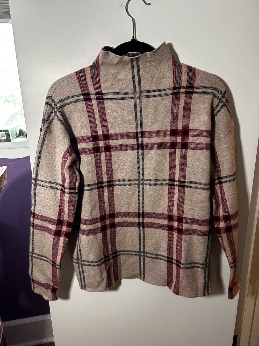 Nicole Miller Beige Plaid Cowl Neck Sweater with Red & Gray Stripes